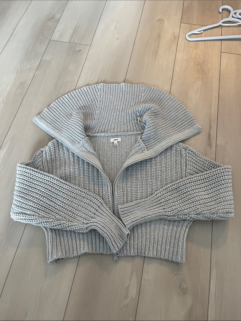aerie Light Gray Chunky Rib Zip Hoodie Cardigan